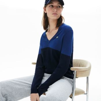 Lacoste Colorblock Cotton V-neck Sweater - Svetr Dámské Tmavě Blankyt Blankyt | CZ-YcyrCM